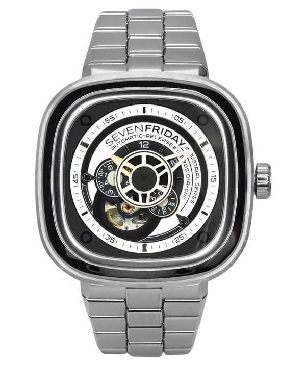 Orologio da uomo Sevenfriday P-Series NFC con quadrante a cuore aperto bianco e nero automatico P1B/01M SF-P1B-01M