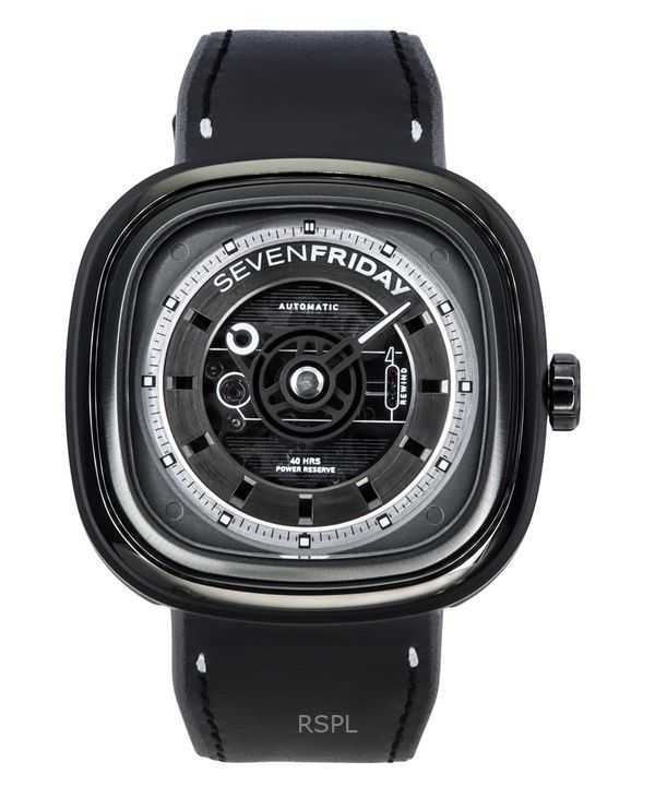 Orologio da uomo Sevenfriday T-Series NFC abilitato cinturino in pelle quadrante scheletrato nero automatico T1/04 SF-T1-04