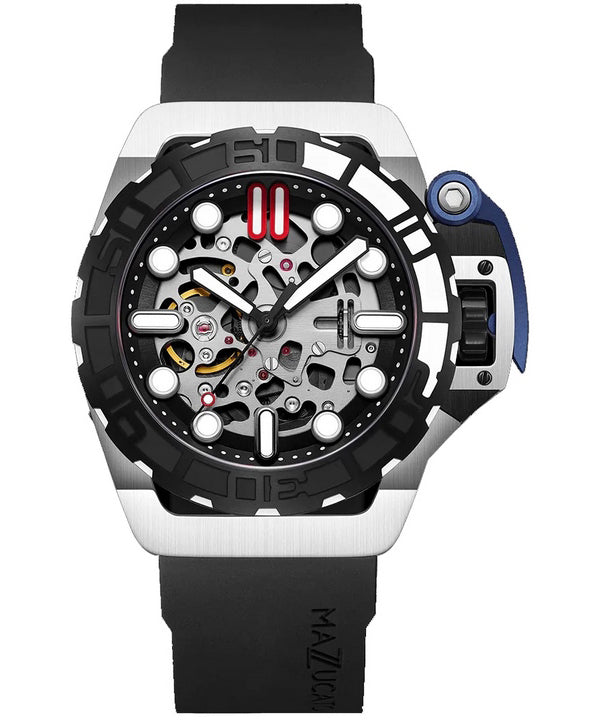 Orologio da uomo Mazzucato RIM Sub nero e argento con quadrante scheletro automatico Dive SK1-BL 100M da uomo