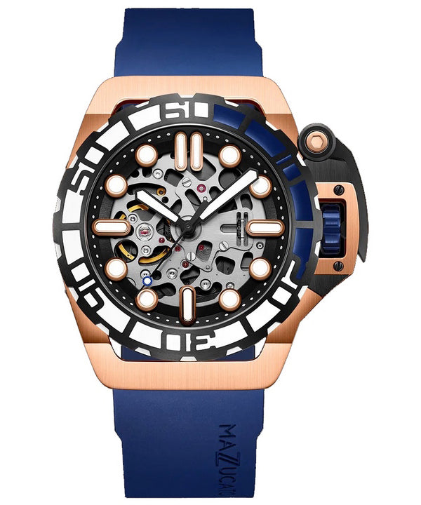Orologio da uomo Mazzucato RIM Sub blu e oro rosa con quadrante scheletro automatico Dive SK2-RG 100M da uomo