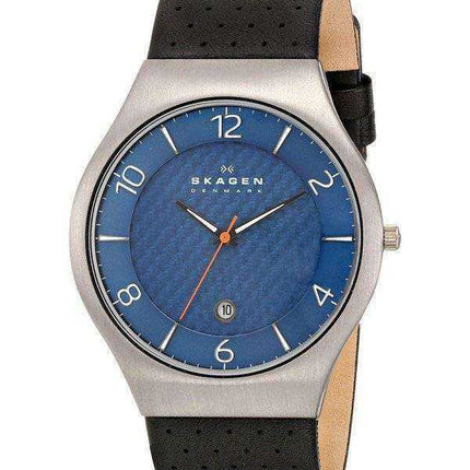 Orologio da uomo Skagen Grenen con quadrante blu in pelle nera traforata SKW6148