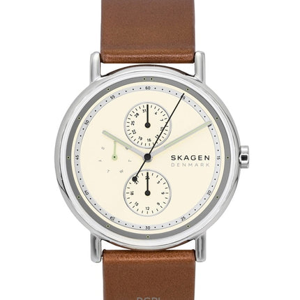 Orologio da uomo Skagen Signatur SKW6942 con cinturino in pelle, multifunzione, quadrante color crema, al quarzo