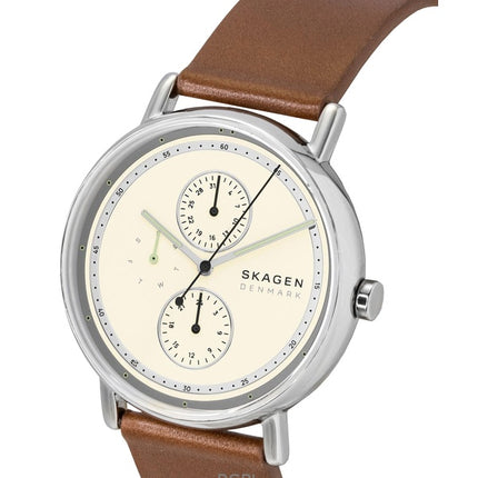 Orologio da uomo Skagen Signatur SKW6942 con cinturino in pelle, multifunzione, quadrante color crema, al quarzo
