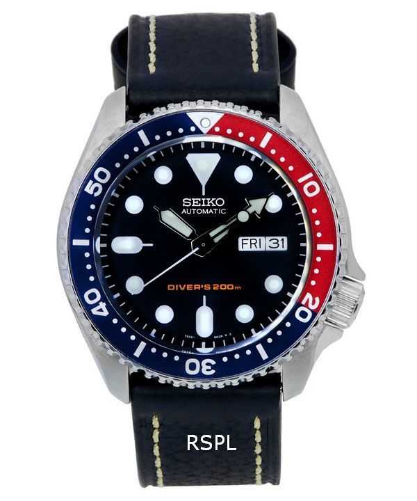 Orologio da uomo Seiko Automatic Diver&#39;s Ratio in pelle nera SKX009K1-var-LS2 200M