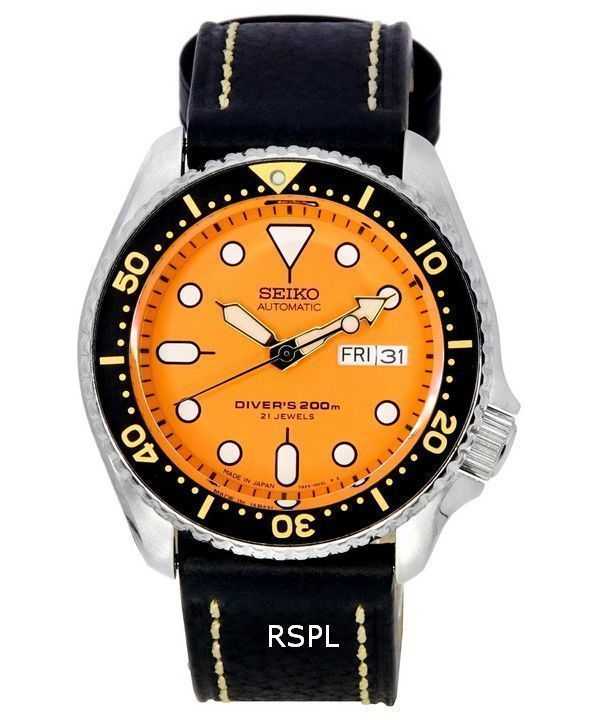 Orologio da uomo Seiko Automatic Diver&#39;s Ratio in pelle nera SKX011J1-var-LS2 200M