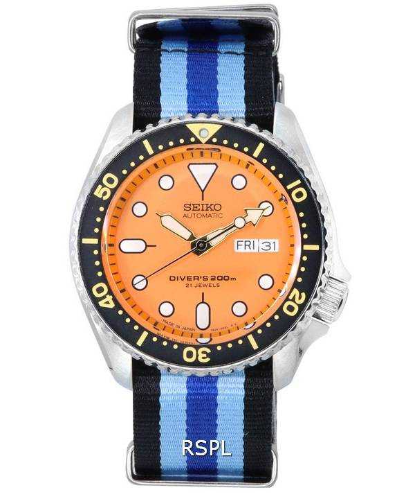 Orologio da uomo Seiko con quadrante arancione automatico SKX011J1-var-NATO20 200M da uomo