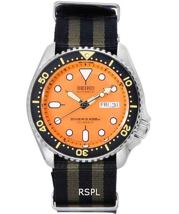 Orologio da uomo Seiko quadrante arancione automatico Diver SKX011J1-var-NATO21 200M