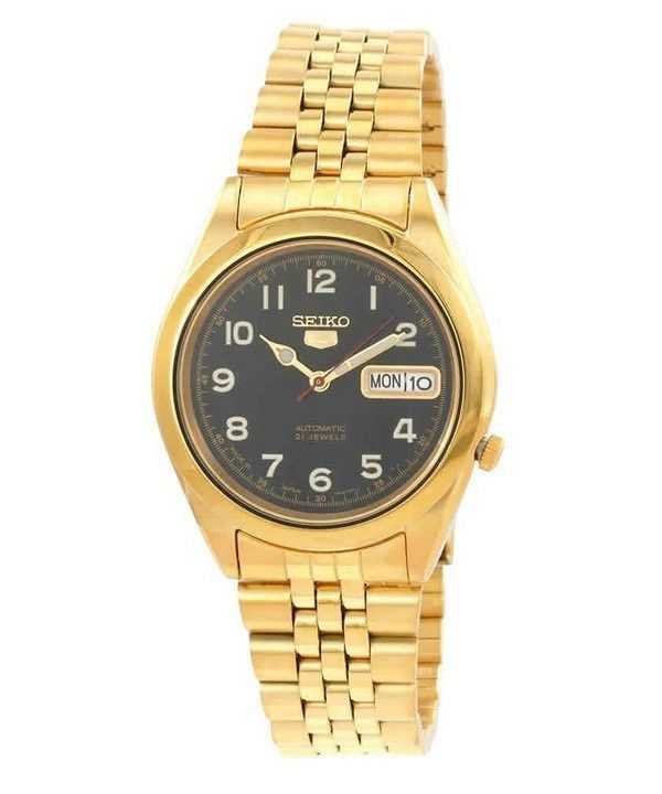 Orologio da uomo automatico Seiko 5 tono oro Jubilee con quadrante nero 21 gioielli SNKC20J1