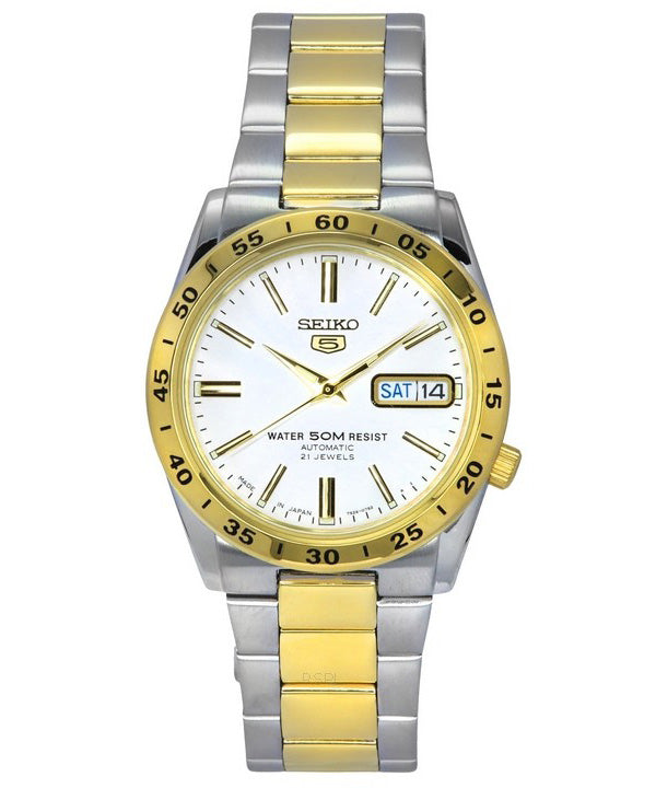 Orologio unisex automatico Seiko 5 bicolore in acciaio inossidabile con quadrante bianco 21 gioielli SNKE04J1