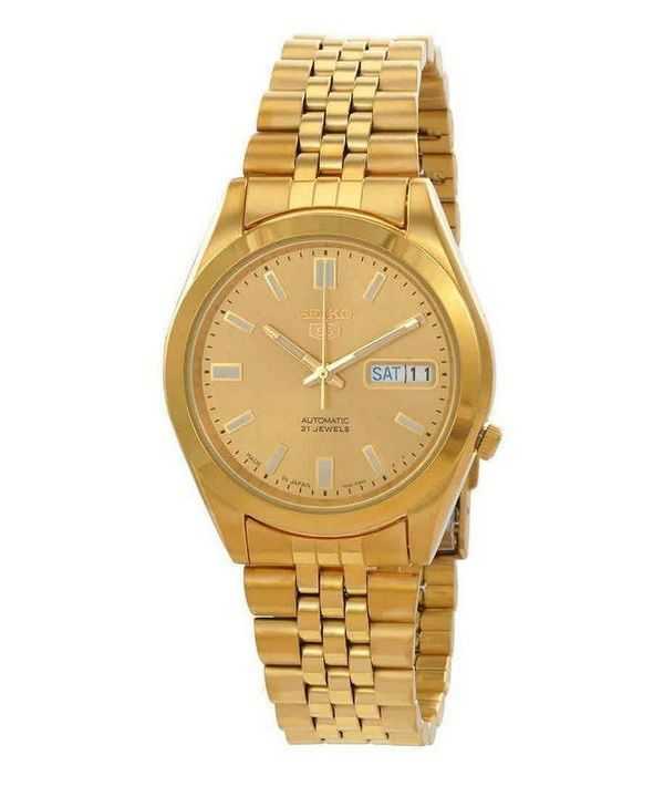 Orologio da uomo Seiko 5 tono oro in acciaio inossidabile quadrante dorato automatico 21 gioielli SNKF90J1