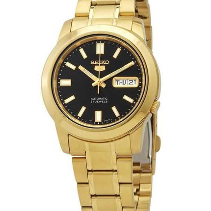 Orologio da uomo automatico Seiko 5 tono oro in acciaio inossidabile quadrante nero 21 gioielli SNKK22K1