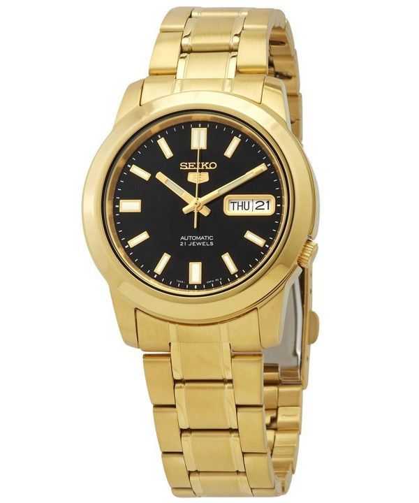 Orologio da uomo automatico Seiko 5 tono oro in acciaio inossidabile quadrante nero 21 gioielli SNKK22K1