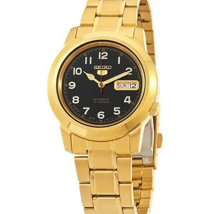 Orologio da uomo automatico Seiko 5 tono oro in acciaio inossidabile quadrante nero 21 gioielli SNKK40J1