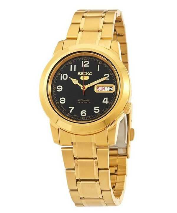 Orologio da uomo automatico Seiko 5 tono oro in acciaio inossidabile quadrante nero 21 gioielli SNKK40J1