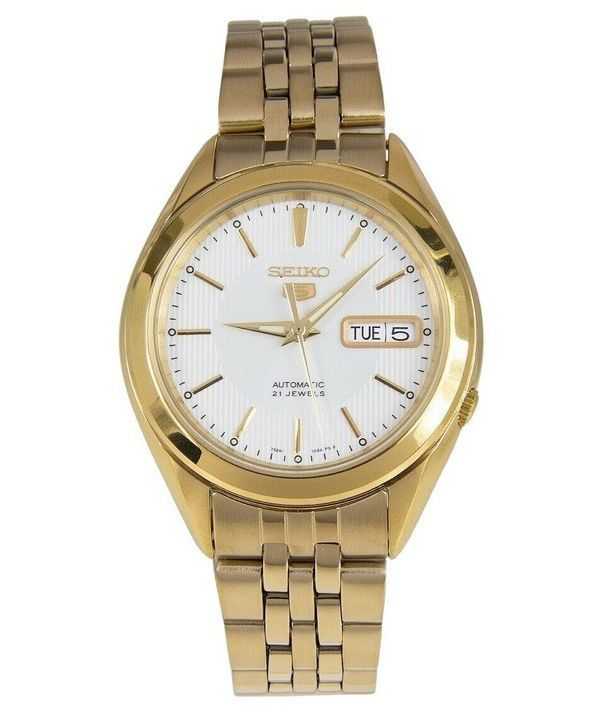 Orologio da uomo automatico Seiko 5 tono oro in acciaio inossidabile quadrante bianco 21 gioielli SNKL26K1