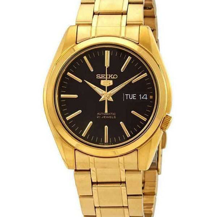 Orologio da uomo Seiko 5 Sports in acciaio inossidabile color oro con quadrante nero, 21 gioielli, automatico SNKL50K1