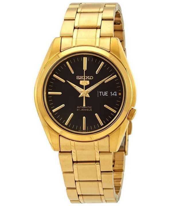 Orologio da uomo Seiko 5 Sports in acciaio inossidabile color oro con quadrante nero, 21 gioielli, automatico SNKL50K1
