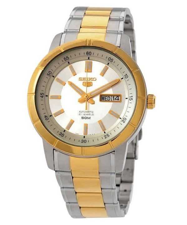 Orologio da uomo automatico Seiko 5 bicolore in acciaio inossidabile con quadrante argentato 21 gioielli SNKN58K1