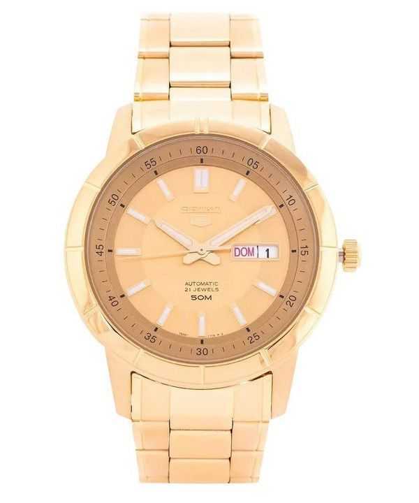 Orologio da uomo automatico Seiko 5 tono oro in acciaio inossidabile quadrante dorato 21 gioielli SNKN62K1
