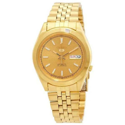 Orologio da uomo Seiko 5 in acciaio inossidabile color oro con quadrante dorato, 21 gioielli, automatico SNXC34J5