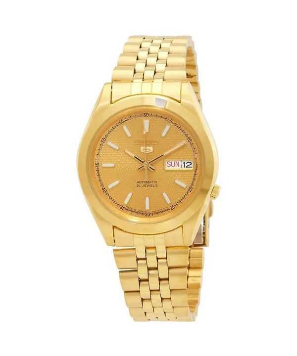 Orologio da uomo Seiko 5 in acciaio inossidabile color oro con quadrante dorato, 21 gioielli, automatico SNXC34J5