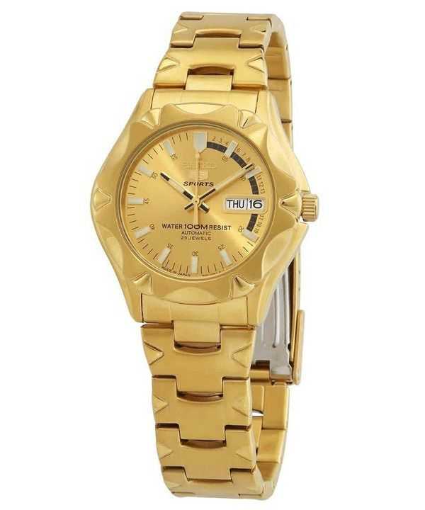 Orologio da uomo automatico Seiko 5 sportivo tono oro in acciaio inossidabile quadrante dorato 23 gioielli SNZ450J1 100M