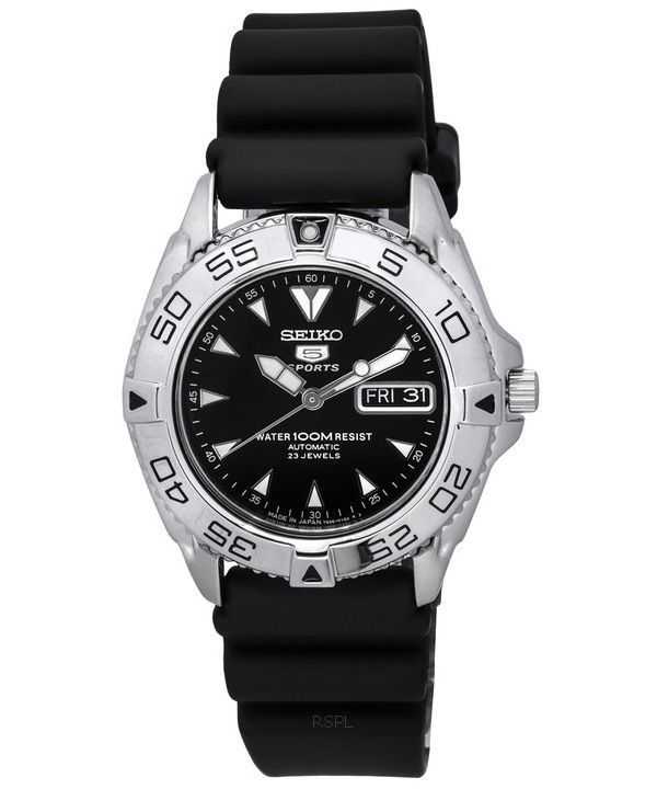 Orologio da uomo Seiko 5 Sports con cinturino in gomma e quadrante nero automatico SNZB33J2 100M