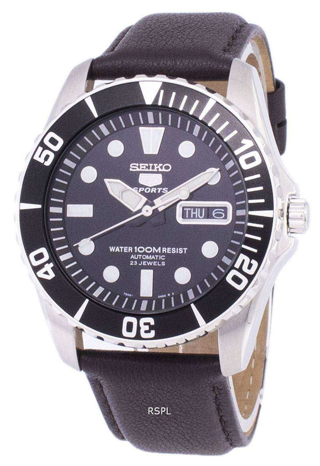 Orologio da uomo automatico Seiko 5 rapporti in pelle marrone scuro SNZF17K1-LS11