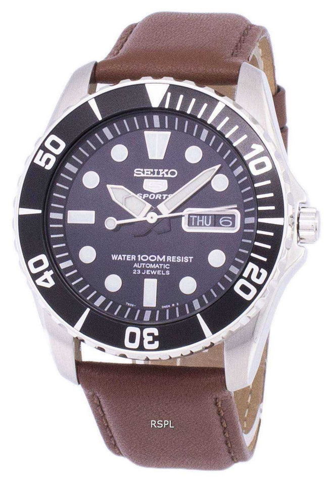 Orologio da uomo con quadrante automatico sportivo in pelle marrone con quadrante Seiko 5 Sport SNZF17K1-LS12