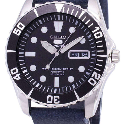 Orologio da uomo Seiko 5 Sports SNZF17K1-var-LS15 automatico con cinturino in pelle blu scuro, ricondizionato