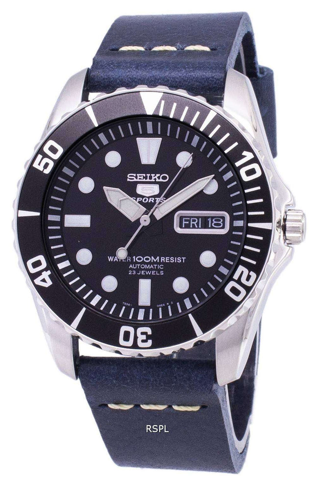 Orologio da uomo Seiko 5 Sports SNZF17K1-var-LS15 automatico con cinturino in pelle blu scuro, ricondizionato