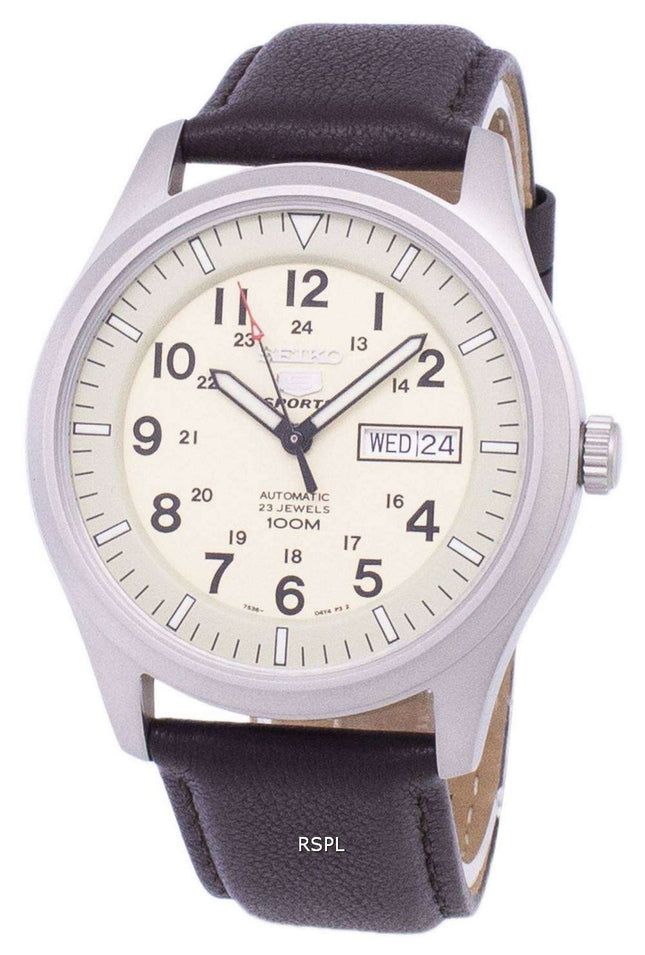 Orologio da uomo con quadrante automatico sportivo Seiko 5 SNZG07K1-LS11 in pelle marrone scuro