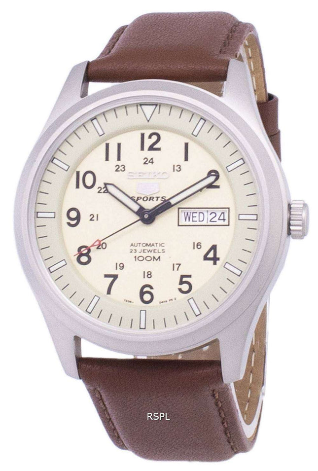 Orologio da uomo con quadrante automatico sportivo Seiko 5 in pelle marrone SNZG07K1-LS12