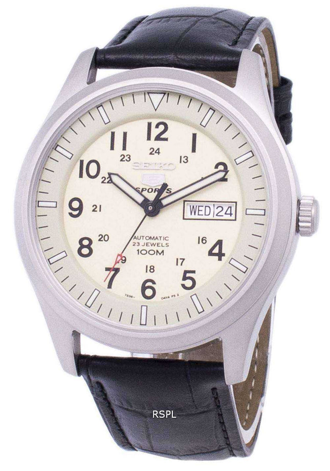 Orologio da uomo con quadrante automatico sportivo Seiko 5 SNZG07K1-LS6 in pelle nera