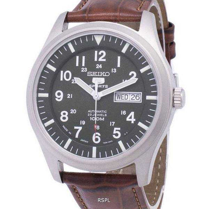 Orologio da uomo automatico in pelle marrone con quadrante in pelle con quadrante marrone giapponese, Seiko 5 Sports, modello SN