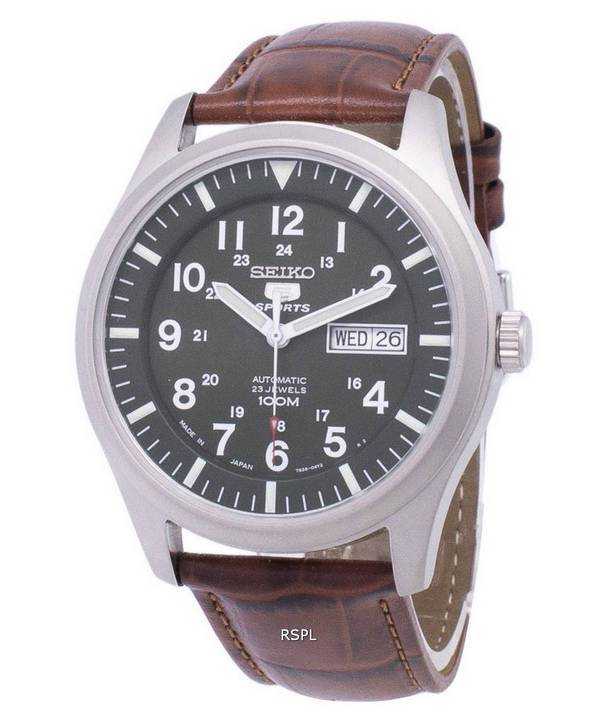 Orologio da uomo automatico in pelle marrone con quadrante in pelle con quadrante marrone giapponese, Seiko 5 Sports, modello SN