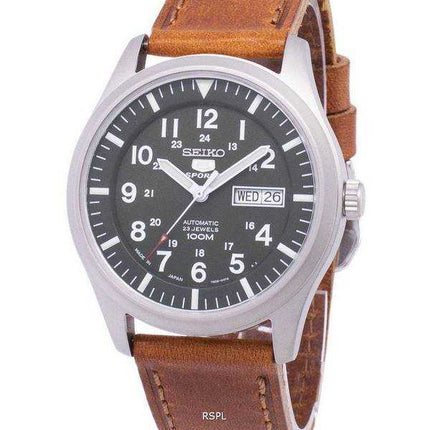 Orologio da uomo automatico in pelle marrone con quadrante in pelle con quadrante marrone giapponese, Seiko 5 Sports, modello SN