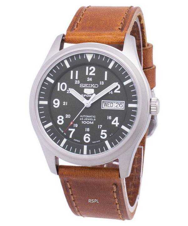 Orologio da uomo automatico in pelle marrone con quadrante in pelle con quadrante marrone giapponese, Seiko 5 Sports, modello SN