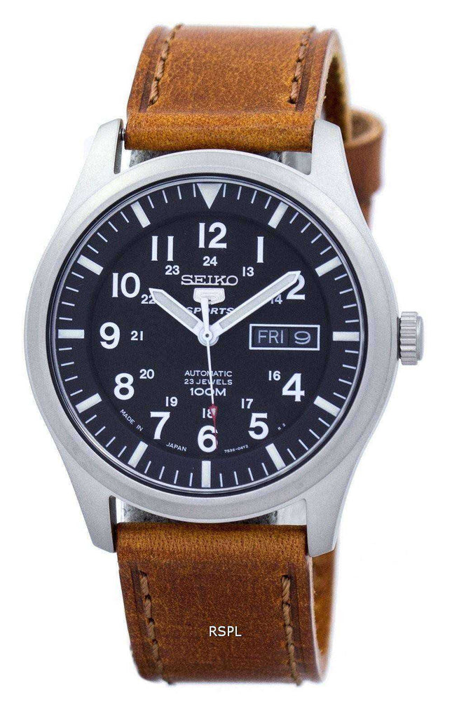 Orologio da uomo automatico in pelle marrone con quadrante in pelle con quadrante marrone giapponese, seiko 5, SNZG15J1-LS9