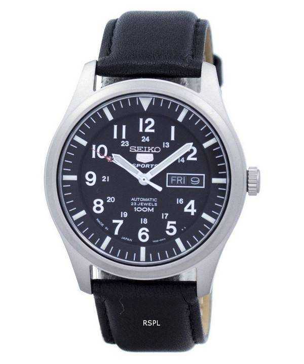 Orologio da uomo automatico in pelle con quadrante nero, marca giapponese SNZG15J1-LS10, seiko 5 sport