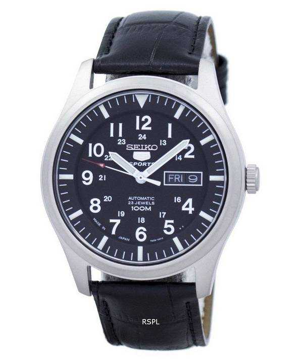 Orologio da uomo automatico in pelle con quadrante nero, marca giapponese SNZG15J1-LS6, seiko 5 sport