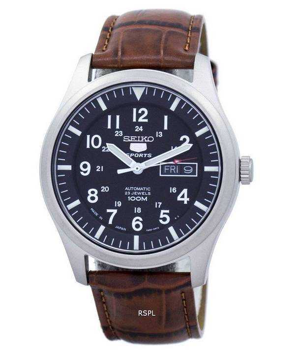 Orologio da uomo automatico in pelle marrone con quadrante in pelle marrone con quadrante in pelle, marca Seiko 5 Sports, modell