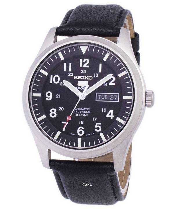Orologio da uomo con quadrante automatico sportivo Seiko 5 in pelle nera SNZG15K1-LS10