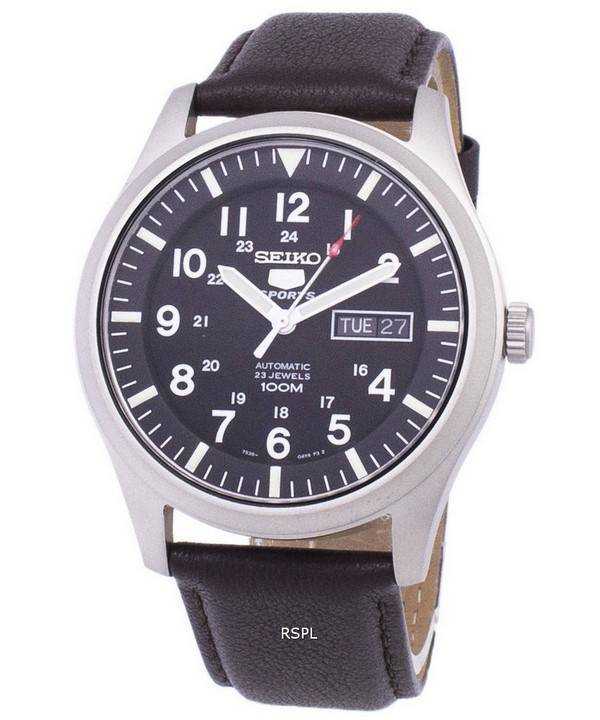 Orologio da uomo con quadrante automatico sportivo Seiko 5 SNZG15K1-LS11 in pelle marrone scuro
