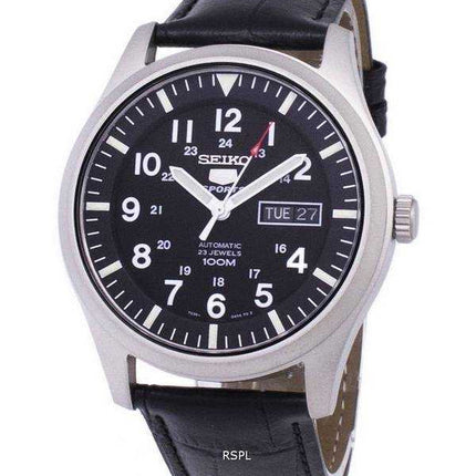 Orologio da uomo con quadrante automatico sportivo Seiko 5, in pelle nera SNZG15K1-LS6