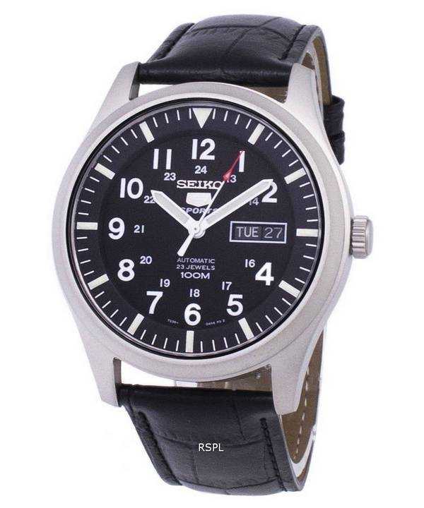Orologio da uomo con quadrante automatico sportivo Seiko 5, in pelle nera SNZG15K1-LS6