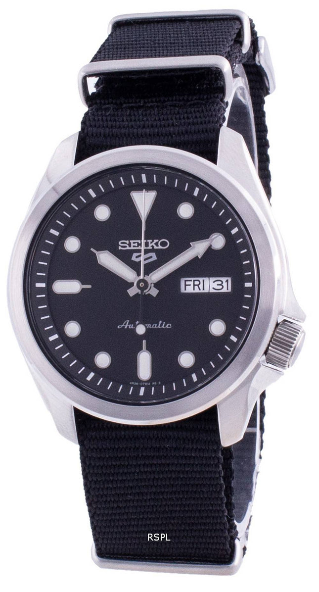 Orologio da uomo Seiko 5 Sports ricondizionato con quadrante nero e cinturino in nylon automatico SRPE67 SRPE67K1 SRPE67K 100M