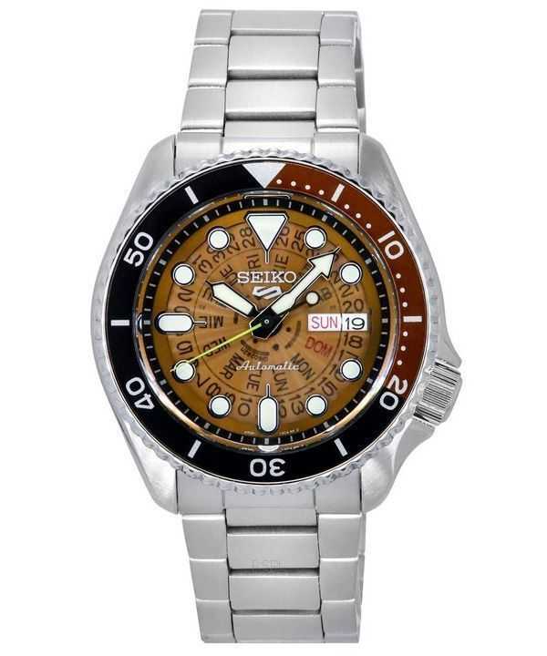 Orologio da uomo Seiko 5 Sports SKX stile acciaio inossidabile trasparente quadrante arancione automatico SRPJ47K1 100M