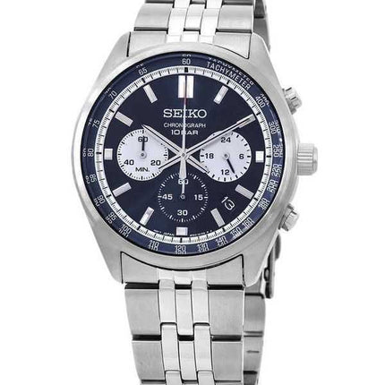 Orologio da uomo Seiko Discover More Chronograph in acciaio inossidabile con quadrante blu al quarzo SSB427P1 100M