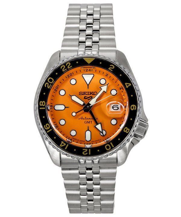 Orologio da uomo Seiko 5 Sports SKX Sports Style GMT in acciaio inossidabile con quadrante arancione, 24 gioielli, automatico SSK005J1 100M, ricondizionato